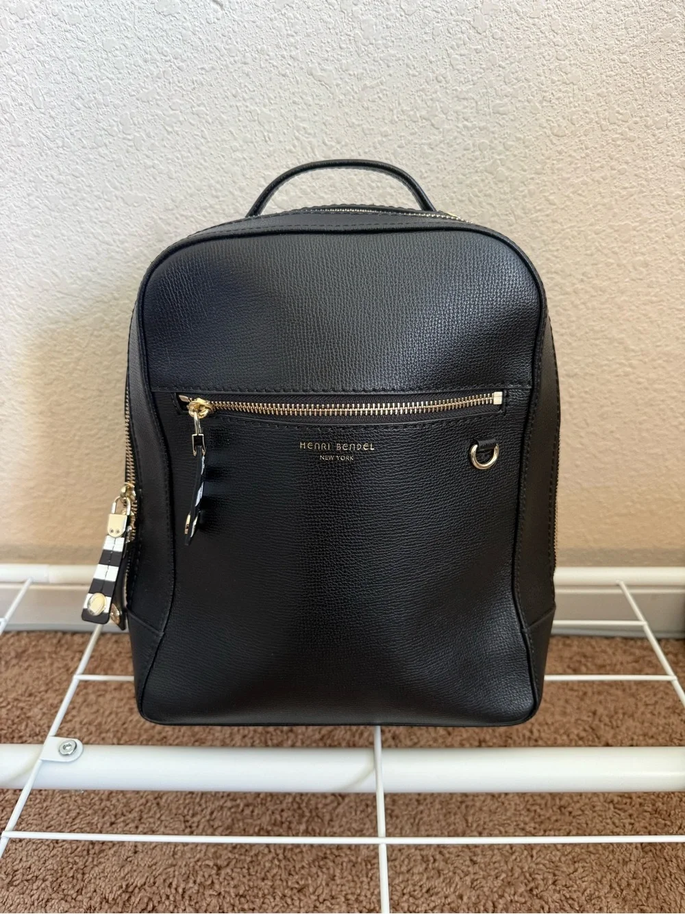 henri bendel Black Pebbled Leather Mini Backpack with Gold Hardware